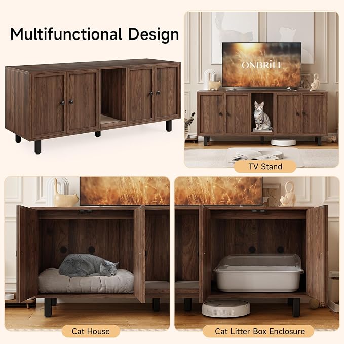 ONBRILL 63 Inches Cat Litter Box Enclosure for 2 Cats, Hidden Litter Boxes Furniture with Cat Scratch Pad, Large Indoor Pet House with Double Room, Wooden TV Stand Side Table, Walnut - Image 6