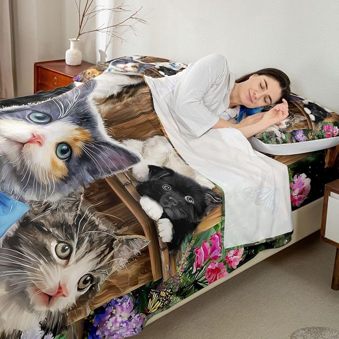 Cat Sheet Sets King Size for Boys Girls Kids Kawaii Bedding Cute Animal Pet Kitten Flat Sheet Lovely Kitten Puppy Fitted Sheet Cartoon Kawaii Dog Animal Design Toddler Bedroom Collection Bed Sheet - Image 2