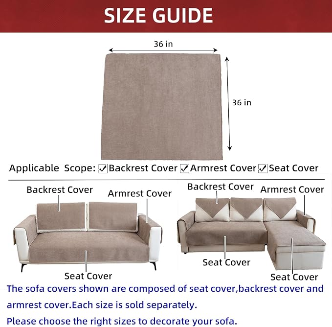 Couch Cover Sectional Couch Covers Non Slip Sofa Covers Washable for 3 Cushion Couch L Shaped Couch Protector Sofa Slipcovers for Kids Dogs Pets,Chenille,Camel,36''x36''(Only 1 Piece) - Image 3