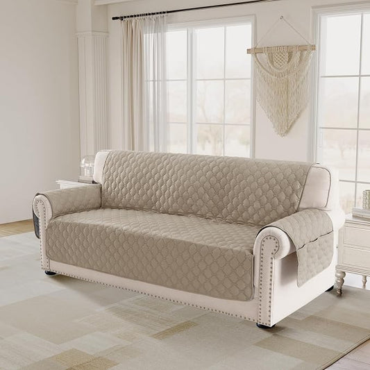 PrinceDeco Couch Covers for 3 Cushion Couch Quilted Sofa Slipcovers Water Resistant and Anti-Slip Furniture Protector Sofa Cover Pet Friendly Seat Width to 68"(Sofa, Taupe) by PrinceDeco