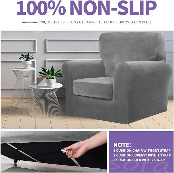 ZNSAYOTX Oversized Velvet 3 Piece Couch Cover with 2 Extra Large Seat Cushion Covers Stretch Sofa Cover for 2 Cushion Couch Thick Loveseat Sofa Slipcover for Living Room (Grey), 72"-92"(2 Cushions) - Image 5