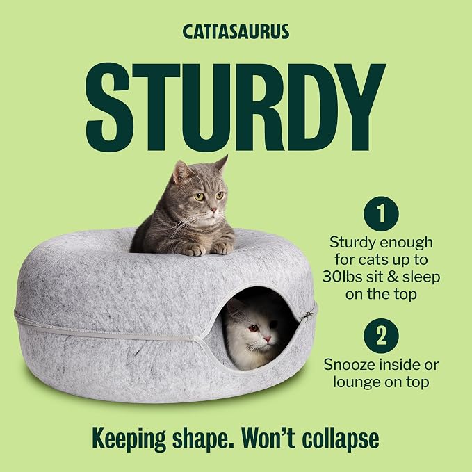 Cattasaurus Peekaboo Cat Cave Donut for Multiple & Large Cats up to 30-45 lbs, 3-in-1 Self Warming Cat Bed, Tunnel & Scratcher for Indoor Cats, Washable & Detachable Small Dog Bed (Light Gray, Large) - Image 4