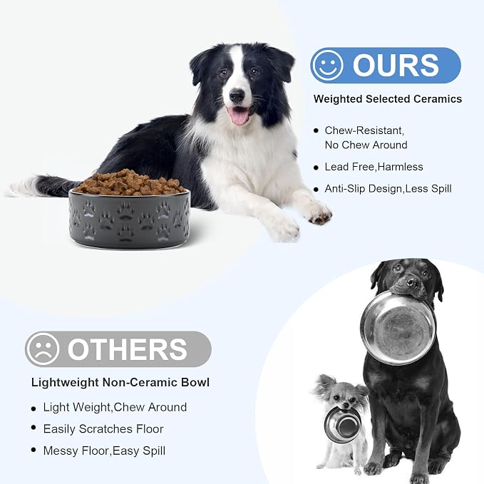 SPUNKYJUNKY Ceramic Dog Bowls 2 Pack, 7.3'' Dog Food Water Double Feeding Bowls Non-Slip for Medium to Large Sized Breed Microwave Dishwasher Safe - 42 OZ, 2pcs, Paw Black - Image 3