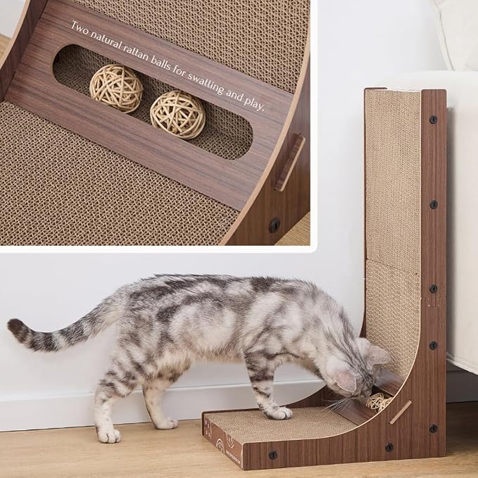 Petpals Corrugate Cardboard Cat Scratching Pad, 24" Double Side L Shaped | Replaceable Cardboard Scratching Pads, Multi-use to Protect Couch Sofa Furniture, with Rattan Ball Toys, Laminated Wood Frame - Image 4