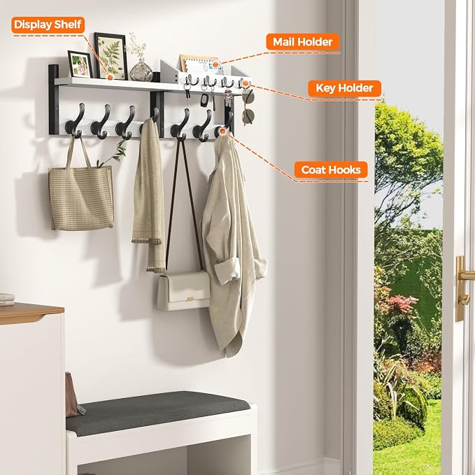 Evermagin 29" Coat Rack Wall Mount with Shelf for Entryway, White | Wall Mounted Coat and Key Rack with Hooks, Key Holder with Mail Organizer for Wall, Living Room, Mudroom, Bedroom - Image 4