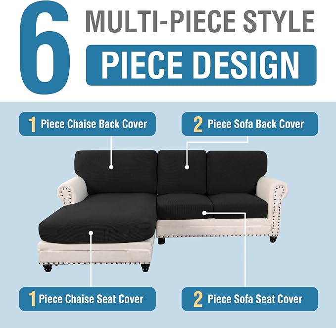 H.VERSAILTEX 2025 New Sectional Couch Covers 6 Pieces Stretch Sofa Covers for Sectional Sofa Set Separate L Shaped Couch Cover for Both Left/Right Couch (Seat and Back: 1 Chaise + 2 Sofa, Black) - Image 3