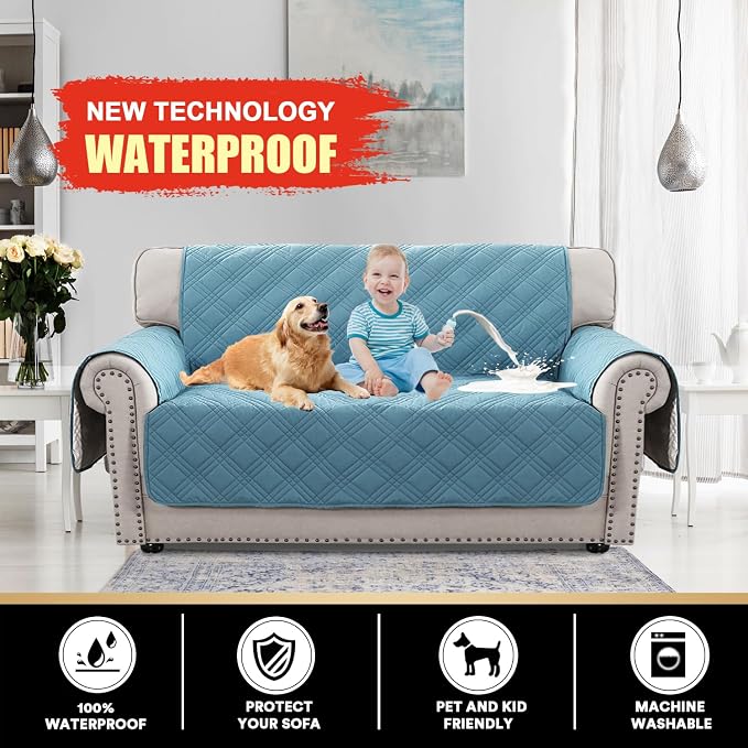 PrinceDeco 100% Waterproof Loveseat Covers for 2 Cushion Couch Sofa Covers Waterproof and Washable Sofa Slipcover with Side Pocket Furniture Protector with Elastic Straps(Loveseat 48", Smoke Blue) - Image 2