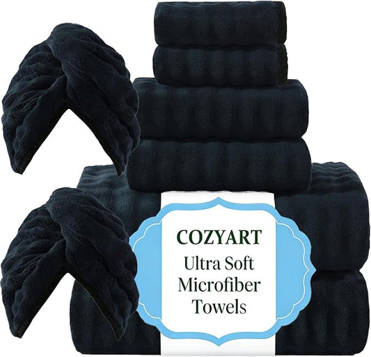COZYART Lint Free 8 Pcs Bathroom Towels Set Ultra Soft Microfiber Black | Fluffy, Thick, Highly Absorbent, Fast Dry, No Shedding, No Pilling, Fade Resistant, Durable, Long-lasting by COZYART