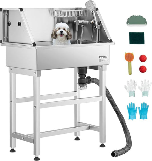 VEVOR Professional Dog Washing Station, 34 Inch Stainless Steel Pet Grooming Tub with Hot & Cold Faucet, Showerhead, Storage Rack, No-Bend All-in-One Bathtub, Home Wash Sink, Fits Small Cats and Dogs by VEVOR