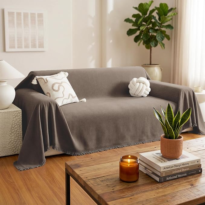 Chenille Couch Cover for Dogs, Boho Sofa Cover Washable Couch Cover, Loveseat Sofa Cover, Pet Throw Blankets for Couches with Tassel Furniture Protector Covers,71"×102",Coffee - Image 2