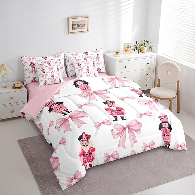 Erosebridal 7 Piece Girly Bowknot Kids Comforter King Bed in a Bag,Kawaii Nutcracker Bedding Set for Girls Adult,Romantic Princess Style Bed Set,Dreamy Bow Tie Duvet Insert,Christmas Decor Sheets - Image 3