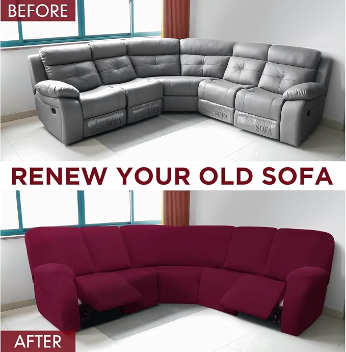 Peryiter 7 Pcs L Shape Sectional Recliner Sofa Covers 5 Seat Sectional Couch Covers Milk Silk Velvet Stretch Reclining Sofa Slipcover Furniture Protector for Living Room(Wine Red,Milk Silk) - Image 4