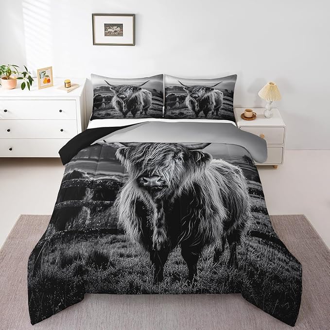 Highland Cow Bedding Set Queen Size Grey Bull Cattle Comforter Set Funny Farmhouse Wildlife Animal Duvet Set for Kids Boys Girls Teens Western Cowboy Style Down Comforter Adult Bedroom Decor by Erosebridal