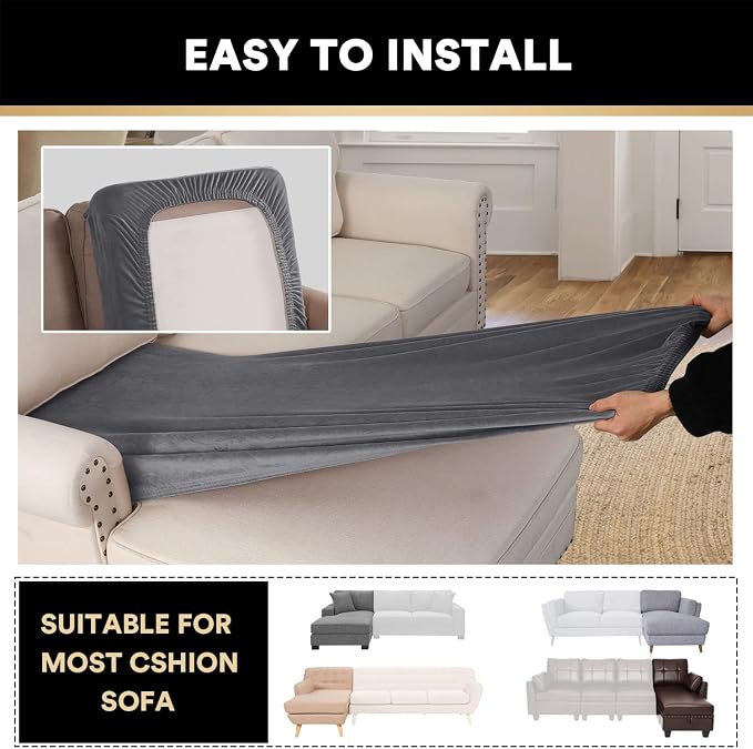 PrinceDeco Sectional Couch Covers Velvet Couch Cover for Dogs Washable L Shaped Couch Cover 1 Piece Individual Sectional Couch Covers with Elastic Bottom(Chaise Lounge,Grey) - Image 6