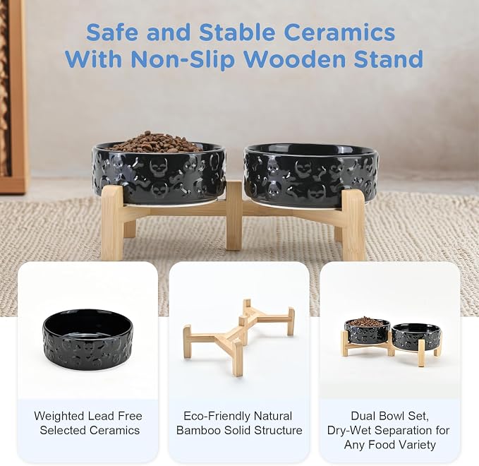 SPUNKYJUNKY Elevated Dog Bowls Ceramic, 5.1'' Dogs and Cat Food Water Bowls Raised with Non-Slip Bamboo Stand for Puppy Small Sized Breed Microwave Dishwasher Safe - 13.5 OZ,Skull Black - Image 6