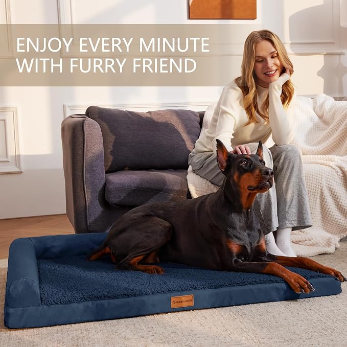 Patas Lague Orthopedic Large Dog Bed Pet Sofa Beds 42''X28''Navy Blue | L Bolster Egg-Crate Foam Dog Couch For Large Sized Dogs, Waterproof Removable Washable Cover, Pet Mat with Nonskid Bottom - Image 2
