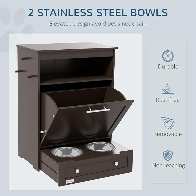 PawHut Dog Feeding Station with Raised Bowls, Pet Feeder Station, Brown | Dog Food Storage Cabinet, Hanger for Feeding & Watering Supplies - Image 3