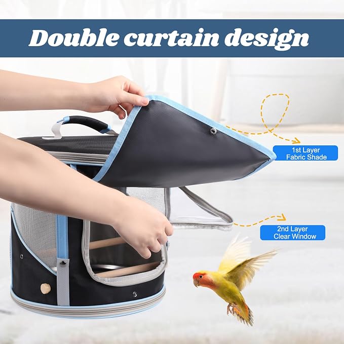 halinfer Small to Medium Bird Travel Carrier Cage, Portable Parrot Parakeet Cockatile Conure Transport Cage with Clear Window and Fabric Shade, Round Carry Bird Bag - Image 3