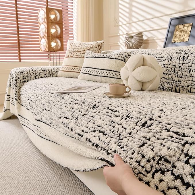 ROOMLIFE Thicked Striped Boho Black Couch Cover for 2-3 Cushion Sofa, Fuzzy Plush Warm Sofa Slipcovers Sectional Sofas Covers, Non Slip Washable Furniture Protector Soft with Tassel,Winter 71''X150” by ROOMLIFE