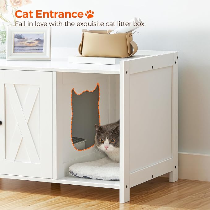MAHANCRIS Cat Litter Box Enclosure, Hidden Litter Box Furniture with Divider, Indoor Cat House, Wooden Cat Washroom Storage Cabinet Bench, Side End Table Nightstand, White CWWT2501 - Image 8