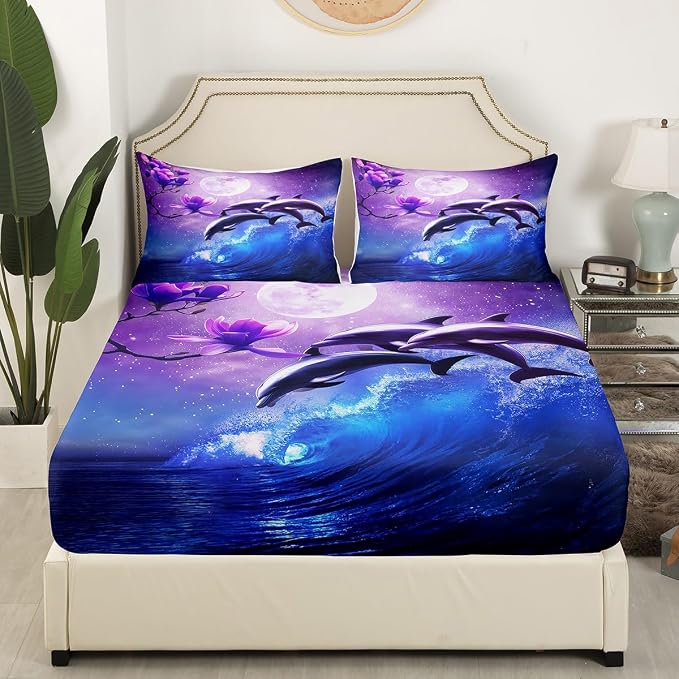 Galaxy Dolphin Sheet Set Full Size Coastal Ocean Waves Bedding Purple Cherry Blossoms Sea Animal Bed Sheets For Kids Boys Girls Teens Moon Sky Starry Fitted Sheet + Flat Sheet + 2 Pillow Cases Blue - Image 3