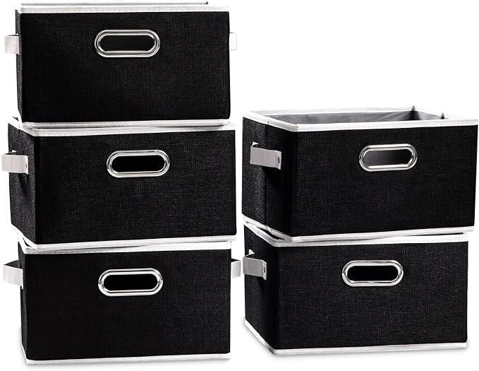 PRANDOM Large Collapsible Storage Bins for Closet [5-pack] Decorative Fabric Storage Baskets Cubes with Leather/Metal Handles for Shelves Bedroom Living Room Black (14.9x9.8x8.3 Inch) by Prandom