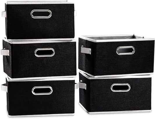 PRANDOM Large Collapsible Storage Bins for Closet [5-pack] Decorative Fabric Storage Baskets Cubes with Leather/Metal Handles for Shelves Bedroom Living Room Black (14.9x9.8x8.3 Inch) by Prandom