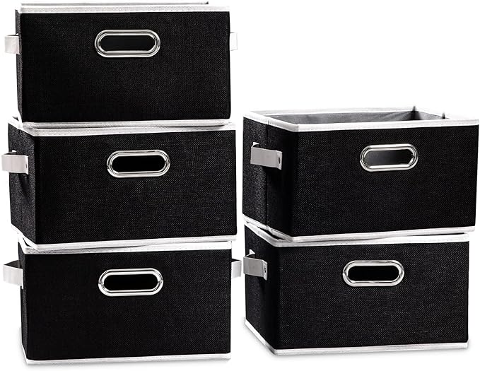 PRANDOM Fodable Storage Baskets for Closet [5-pack] Decorative Fabric Storage Bins Cubes with Leather/Metal Handles for Shelves Bedroom Living Room Black (11.5x8.5x6.7 Inch) by Prandom
