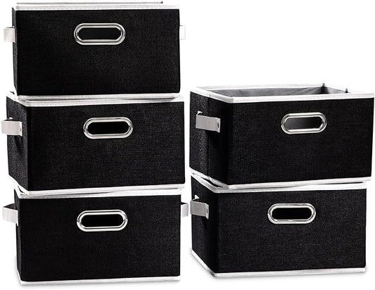 PRANDOM Fodable Storage Baskets for Closet [5-pack] Decorative Fabric Storage Bins Cubes with Leather/Metal Handles for Shelves Bedroom Living Room Black (11.5x8.5x6.7 Inch) by Prandom