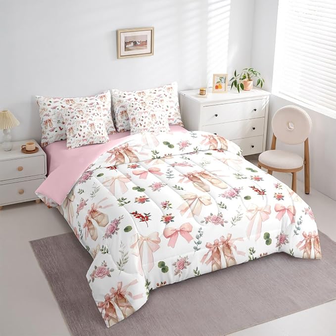 Feelyou Pink Flower 7 Piece Bedding Set Exquisite Dance Shoes Comforter Set with Sheets for Kids Boys Girls Gentle Bow Bed in a Bag Princess Style Bed Set Soft Lightweight - Image 3