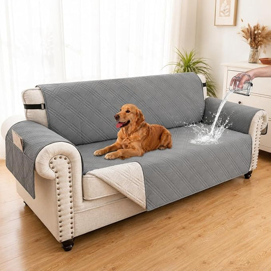 100% Waterproof Couch Cover for Dogs, Washable Anti-Slip Sofa Cover with Elastic Straps & Side Pockets, Quilted Furniture Protector for Kids & Pets (Oversize Sofa 78", Newgrey) by Unknown