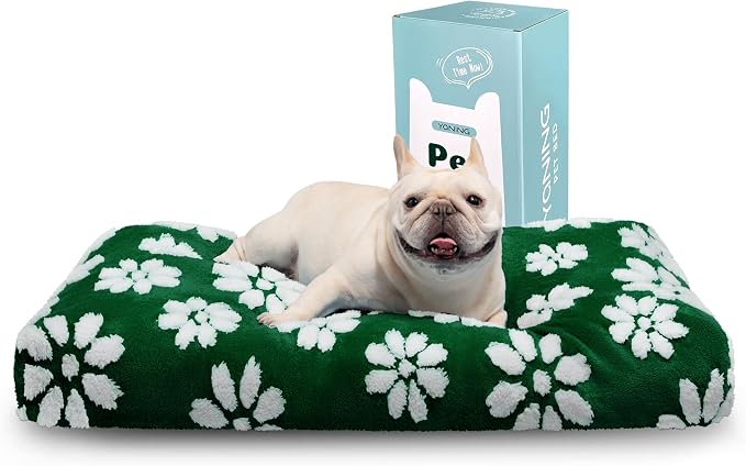 Cute Fluffy Dog Beds for Small Medium Dogs, 30"x 20", Green Flower | Thick Dog Bed for Crate Kennel, Pet Bed with Removable Washable Cover, Anti-Slip Bottom by Yaning