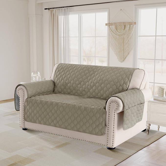 PrinceDeco Love Seat Couch Covers for Dogs Quilted Loveseat Cover Furniture Protector Non-Slip Rubber Backing Water Resistant for 2 Cushion Couch Seat Width to 48"(Loveseat, Taupe) - Image 2