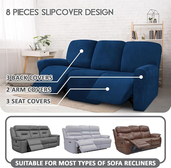 ULTICOR Velvet 8-Pieces Recliner Sofa Covers Stretch Reclining Couch Covers for 3 Cushion Reclining Sofa Slipcovers Furniture Covers Thick Soft Washable (3 Seater Recliner Cover, Navy) - Image 2