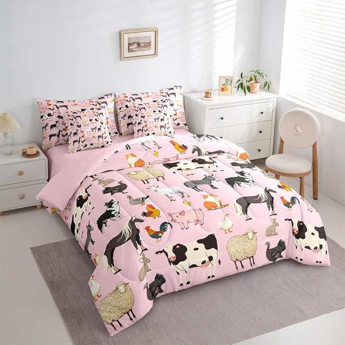 Erosebridal King Size Farm Animal Comforter Set with Sheets Boys Girls Cartoon Animals 7 Piece Bedding Sets for Kids Cute Rustic Pink Bed in A Bag Funny Country Animal Theme Bed Set - Image 4