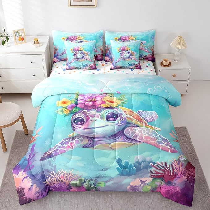 Erosebridal Turtle King Size Comforter Set with Sheets, Reptile Bed in A Bag for Kids Teens Youth Adults Bedroom, Underwater World Sea Animal 7 Pcs Bedding Set, Watercolour Coral Bed Sets - Image 3