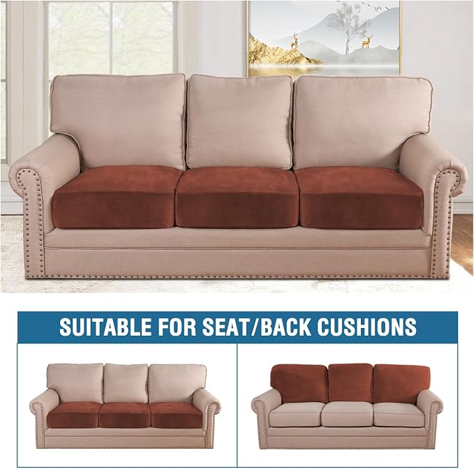 H.VERSAILTEX Velvet Stretch Couch Cushion Cover Plush Cushion Slipcover for Chair Loveseat Sofa Cushion Furniture Protector Seat Cushion Sofa Cover (3 Piece Sofa Cushion Covers, Rust) - Image 3