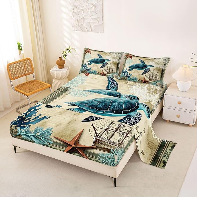 Erosebridal Sea Turtle Bedding Set, Ocean Beach Themed 3-Piece Sheet Set - Retro Tortoise Print, Fitted & Flat Sheets, 2 Pillowcases, Twn Size by Erosebridal