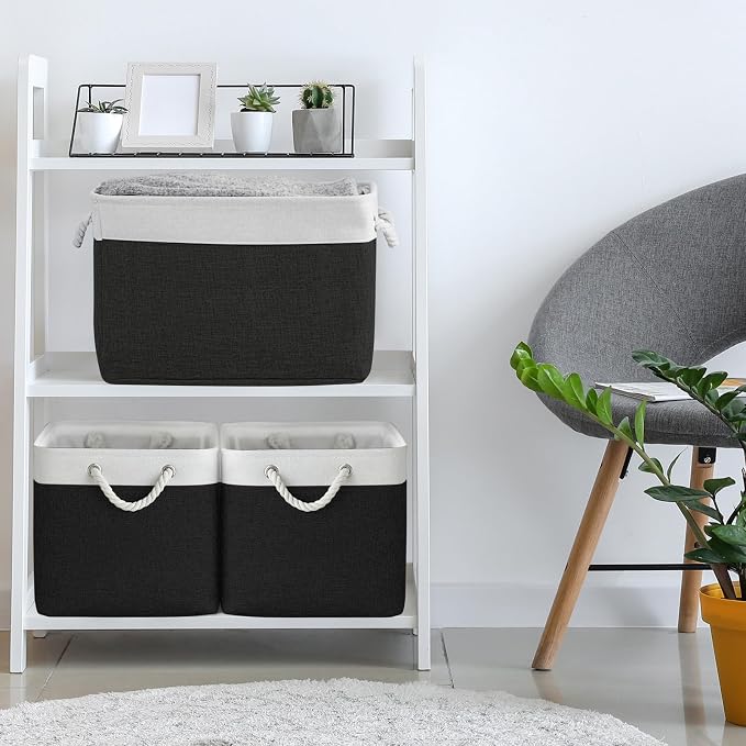 TheWarmHome Storage Basket for Gifts Empty - Large Cubes 3 Pack 15.8x11.8x11.8 inch Storage Bins for Organizing Book Cloth Bathroom Toy (White & Black) - Image 3