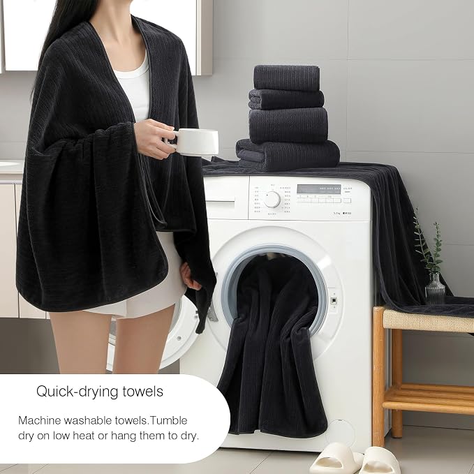 18 Piece Family Bath Towel Set Include 6 Bath Towels,6 Hand Towels and 6 Washcloths Soft Bathroom Towel with Hanging Loops,Highly Absorbent Quick Dry Towels Set for Bathroom,Hotel and Spa-Black - Image 2