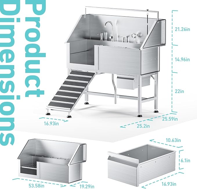56 Inch Dog Washing Station, 304 Stainless Steel Pet Grooming Tub for Large Dogs with Ramp, Adjustable Grate, Faucet, Drainage Kit, Storage Drawer for Home, Salon, Garage | Helps Bathe Medium and Large Dogs with Less Lifting and Bending - Image 7