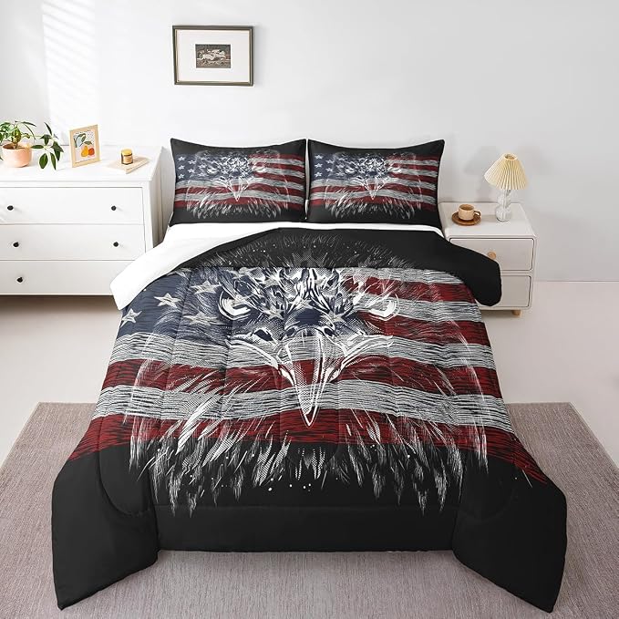 American Flag Comforter Set Queen Size, Eagle Bird Animal Print Stars Stripes USA Flag Bedding Comforters for Children Adult, American Culture Breathable Bedding Set, 2 Pillowcases, Bedspread - Image 8