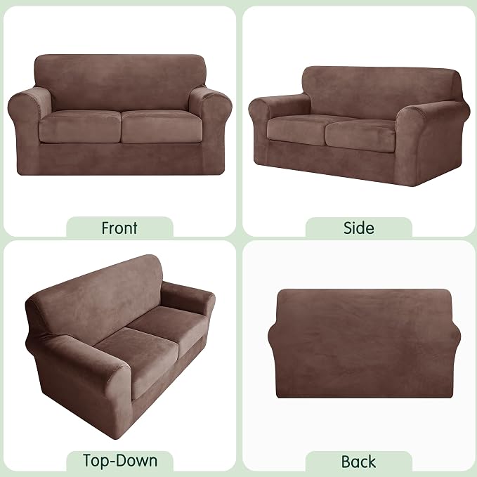 CHUN YI 3 Piece Velvet Couch Covers for 2 Cushion Couch, Water Resistant Loveseat Covers, Non Slip High Stretch Thick Furniture Protector for Dogs Pets, Medium, Brown - Image 5