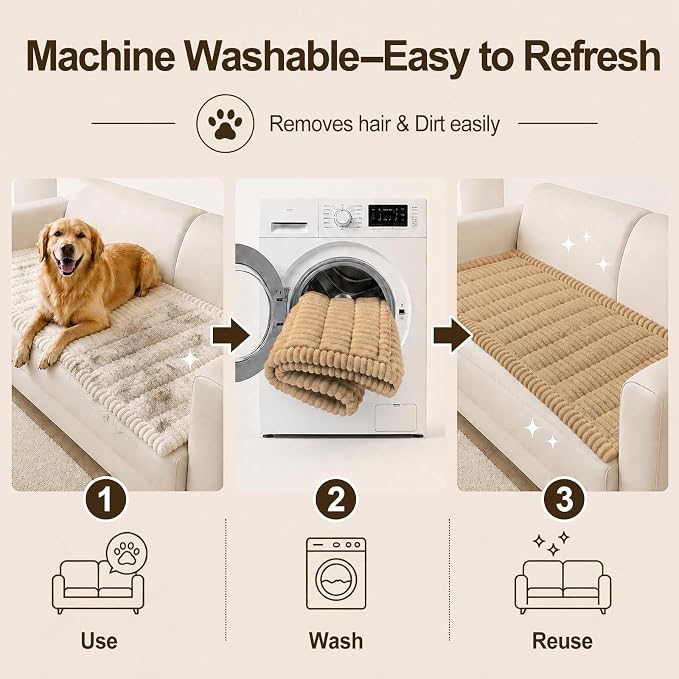 decorUhome Couch Cover for Dogs, Non Slip Fuzzy Thick Pet Sofa Protector | Pet Friendly, Machine Washable, Fits 4-Cushion Sofa, Protects Against Pet Hair, Scratches & Daily Messes, Camel, 27.6" x 88" - Image 8