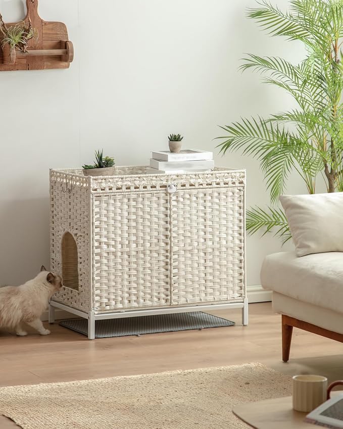 SETVSON Cat Litter Box Enclosure Furniture with Divider, Hidden House White | Handwoven PE Rattan with Washable Mat, 3.54-In Heightened Metal Feet, 31.2 x 19.6 x 24.2 Inches Spacious Cabinet - Image 2