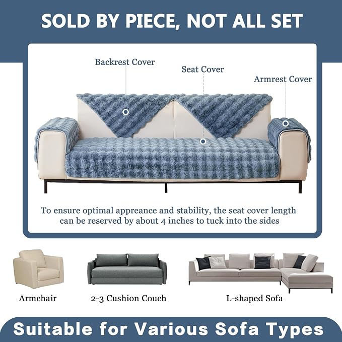 DREAMINGO Faux Fur Couch Seat Cover, Soft Plush Sofa Covers for Pet Washable, Non Slip Furniture Protector for 3 Cushion Couch Sofa Sectional, 35.4x94.5 Inch, Blue - Image 3