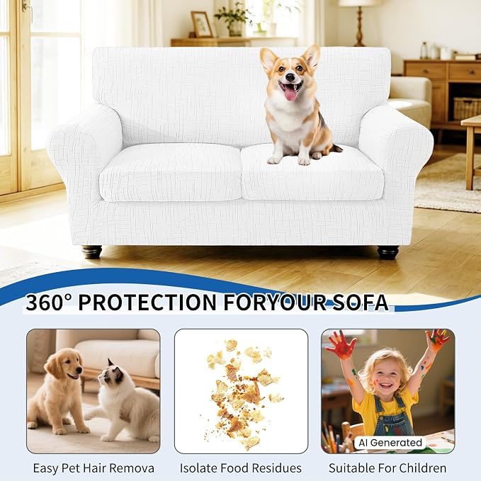 CYCMCAO 3 Piece Stretch Sofa Cover Couch Covers for 2 Cushion Couch, Non Slip Loveseat Covers, Sofa Covers Washable with Elastic Bottom for Kids, Dogs (Off-White), 55"-69" (2 Cushion Loveseat) - Image 5