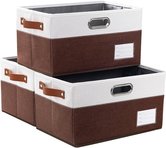 PRANDOM Foldable Storage Bins with Handles [3-Pack] Fabric Collapsible Storage Boxes Baskets Cubes Containers with Handles for Closet Living Room Bedroom (Brown & White 14.9x9.8x8.3'') by Prandom