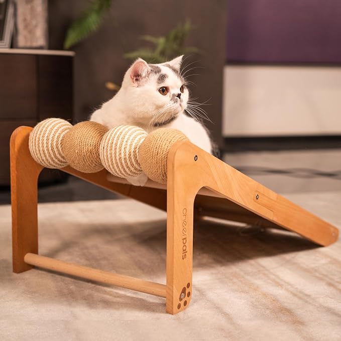 CHEERHOME PETS Sisal Cat Scratcher Ramp with Balls, 24.8" L Shape Cat Scratching Post Climbing Scratch for Indoor Cats, Solid Wooden Cat Furniture(Upgraded) - Image 8