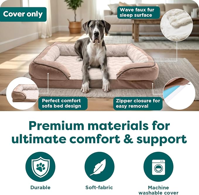 FurHaven Dog Bed Cover Replacement, Sofa-Style Design with Soft, Breathable Fabric for Cozy Comfort, Machine Washable, Jumbo Plus XXL, Plush & Velvet Waves, Brownstone - Image 5